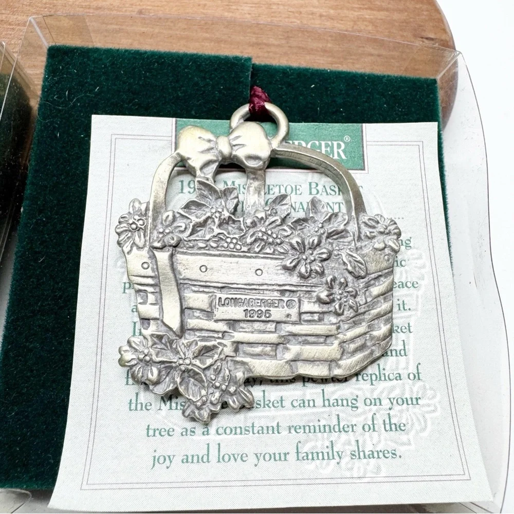 Vintage 90s Longaberger Pewter Mistletoe Poinsettia Ornaments